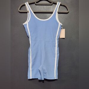 Wilo NEW NWT Women's Small Baby Blue Ribbed Athletic Romper White Stripe msrp$78